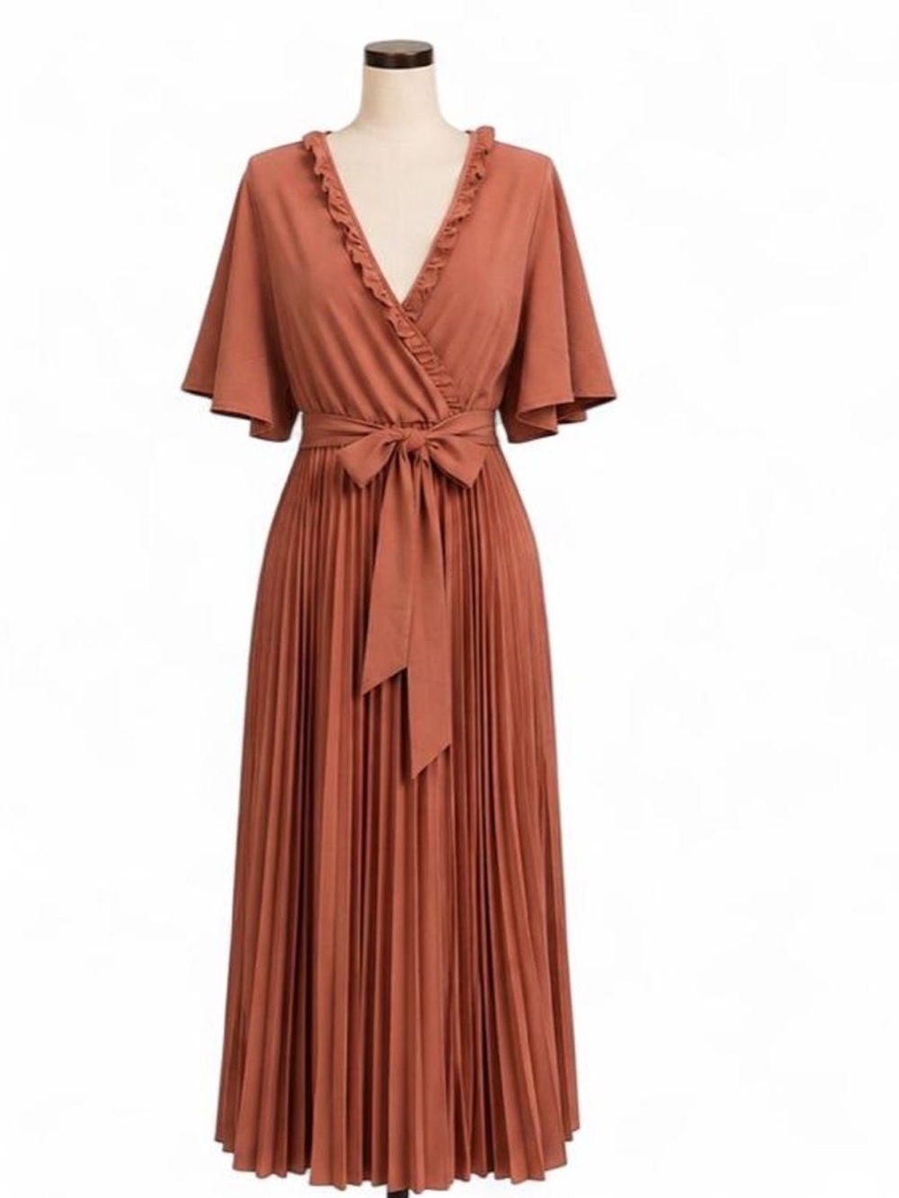 NWOT Pleated Dress with Tie Waist and Flutter Sleeves in Romantic Blush Pink